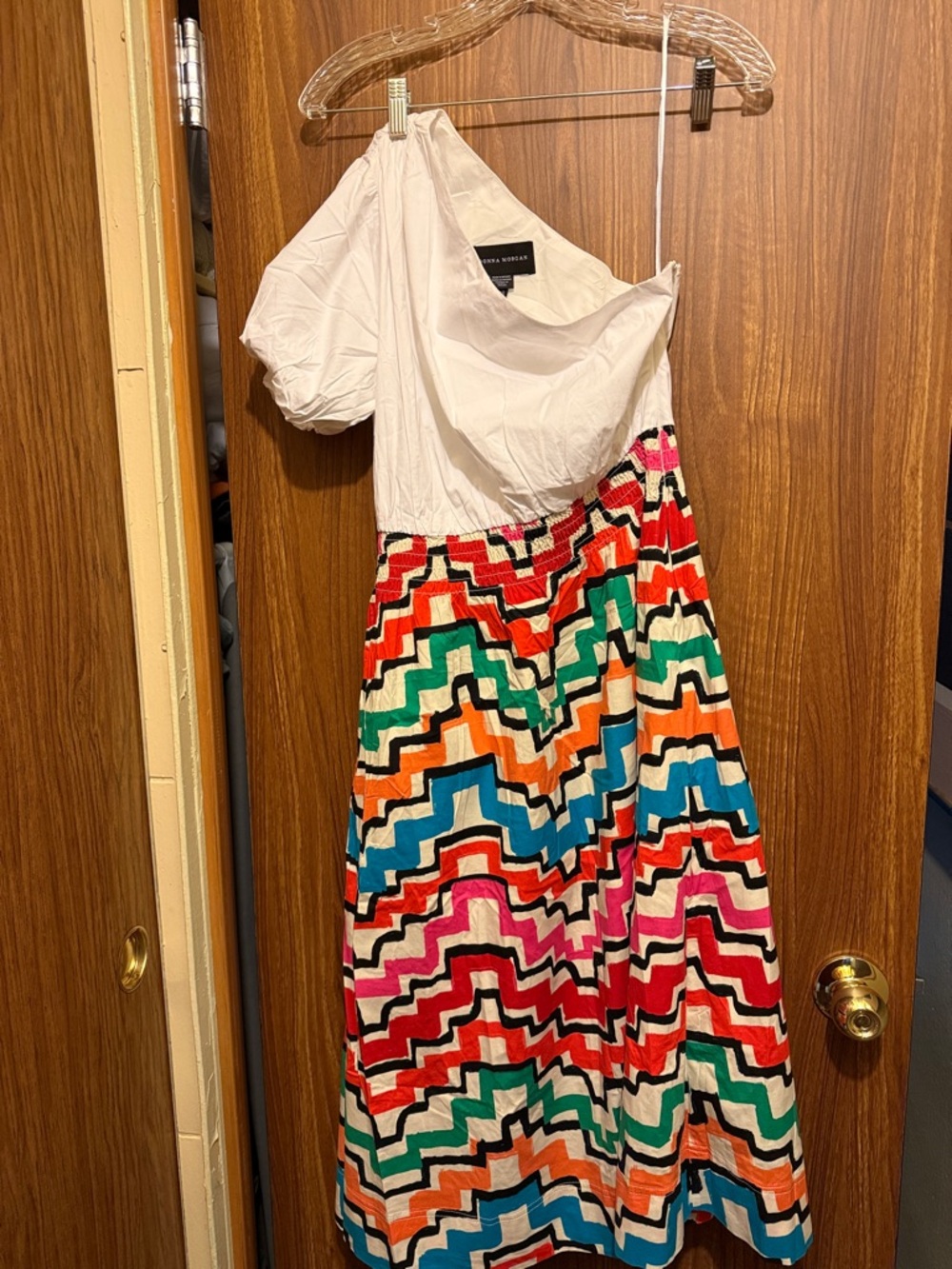 Donna Morgan One-Shoulder Dress in White with Multicolor Zigzag Skirt